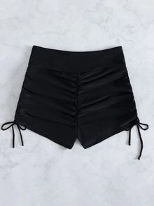 Swim Basics Summer Beach Drawstring Side Ruched Bikini Bottom - Black - View 5