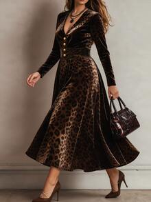 Linhara CURVE Plus Size Women's Leopard Print V-Neck Long Sleeve A-Line Pleated Elegant Dress Fall - Coffee Brown - View 4