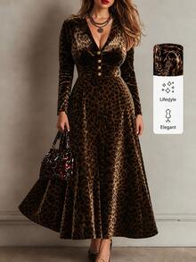 Linhara CURVE Plus Size Women's Leopard Print V-Neck Long Sleeve A-Line Pleated Elegant Dress Fall - Coffee Brown - View 3