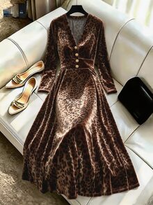 Linhara CURVE Plus Size Women's Leopard Print V-Neck Long Sleeve A-Line Pleated Elegant Dress Fall - Coffee Brown - View 11