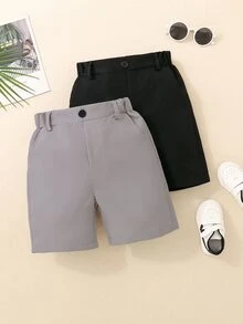 SHEIN Young Boy 2 件純色斜口袋短褲 - 彩色 - 查看 1