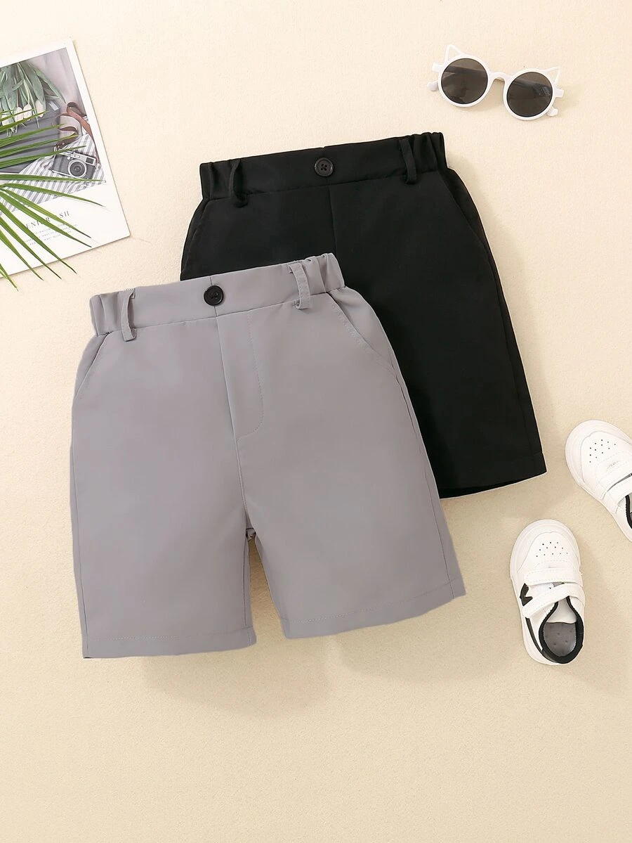 SHEIN Young Boy 2 件純色斜口袋短褲 - 彩色 - 查看 1