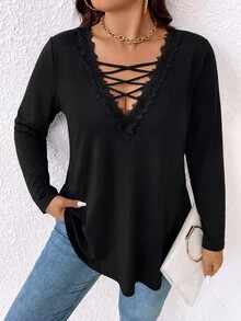 EMERY ROSE Plus Size Women's T-Shirt Elegant Sexy Casual Minimalist Commute Versatile Lace Cross Patchwork V-Neck Design Long Sleeve, Suitable For Spring And Autumn - Black - View 5