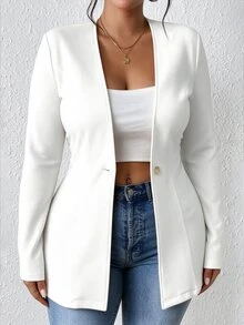 SHEIN LUNE Women's Casual Textured Unlined Collarless Long Sleeve Blazer, Suitable For Autumn Wear - White - View 5