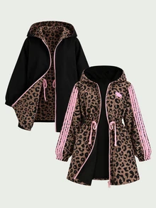 SHEIN 青少年女孩休閒黑色豹紋可翻面連帽派克夾克中長版外套 - 棕色 - 查看 7