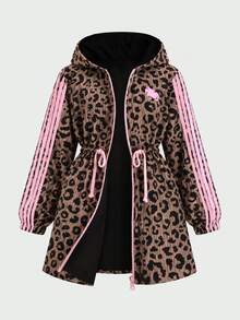 SHEIN 青少年女孩休閒黑色豹紋可翻面連帽派克夾克中長版外套 - 棕色 - 查看 4