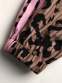 SHEIN 青少年女孩休閒黑色豹紋可翻面連帽派克夾克中長版外套 - 棕色 - 查看 13