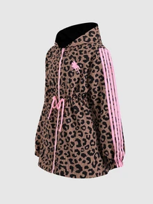 SHEIN 青少年女孩休閒黑色豹紋可翻面連帽派克夾克中長版外套 - 棕色 - 查看 5