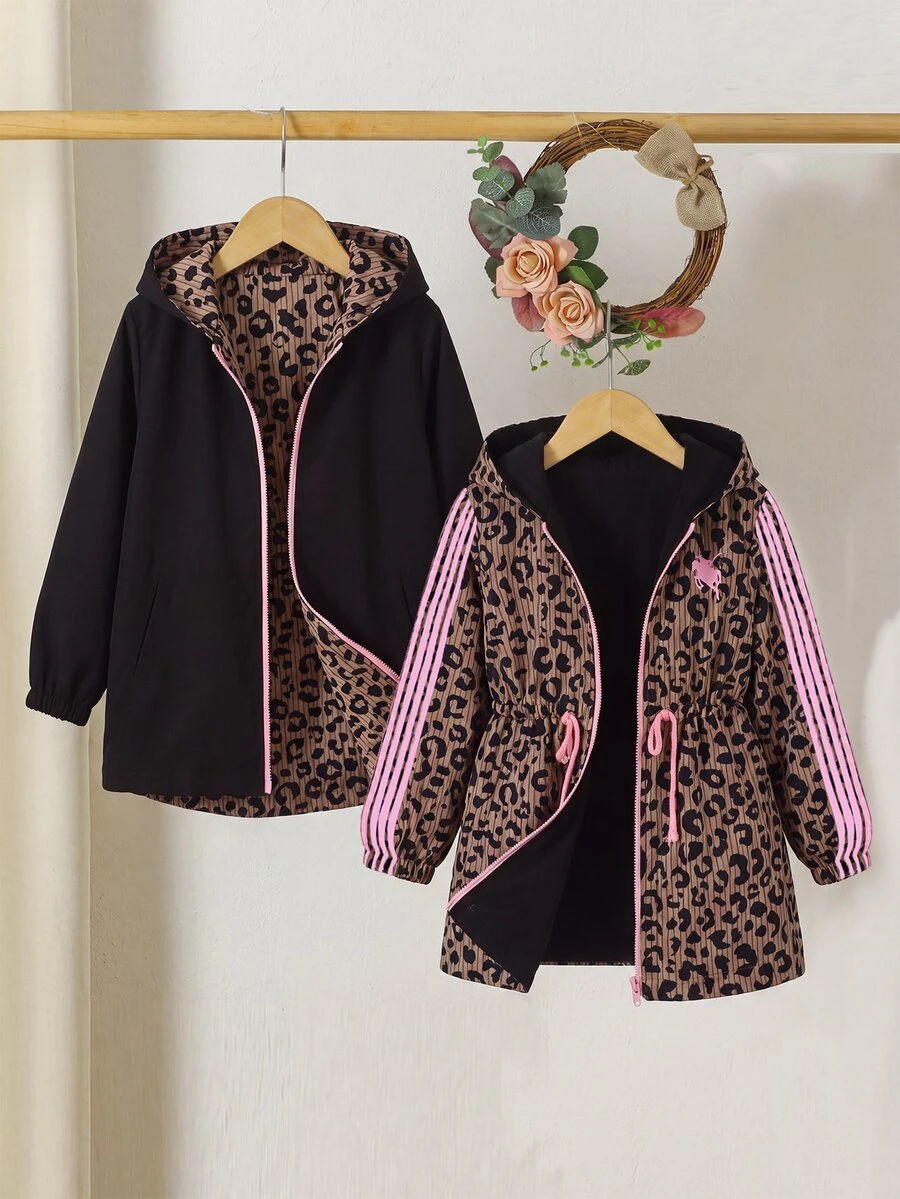 SHEIN 青少年女孩休閒黑色豹紋可翻面連帽派克夾克中長版外套 - 棕色 - 查看 1