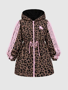 SHEIN 青少年女孩休閒黑色豹紋可翻面連帽派克夾克中長版外套 - 棕色 - 查看 3