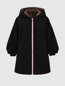 SHEIN 青少年女孩休閒黑色豹紋可翻面連帽派克夾克中長版外套 - 棕色 - 查看 9