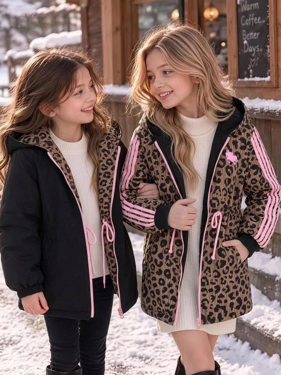 SHEIN Tween Girl Girls Casual Black Leopard Print Reversible Hooded Parka Jacket Mid-Length Coat - Brown - View 1