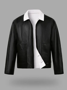SLATEMANN Men Contrast Collar PU Leather Jacket - Black - View 4