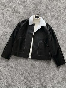 SLATEMANN Men Contrast Collar PU Leather Jacket - Black - View 1