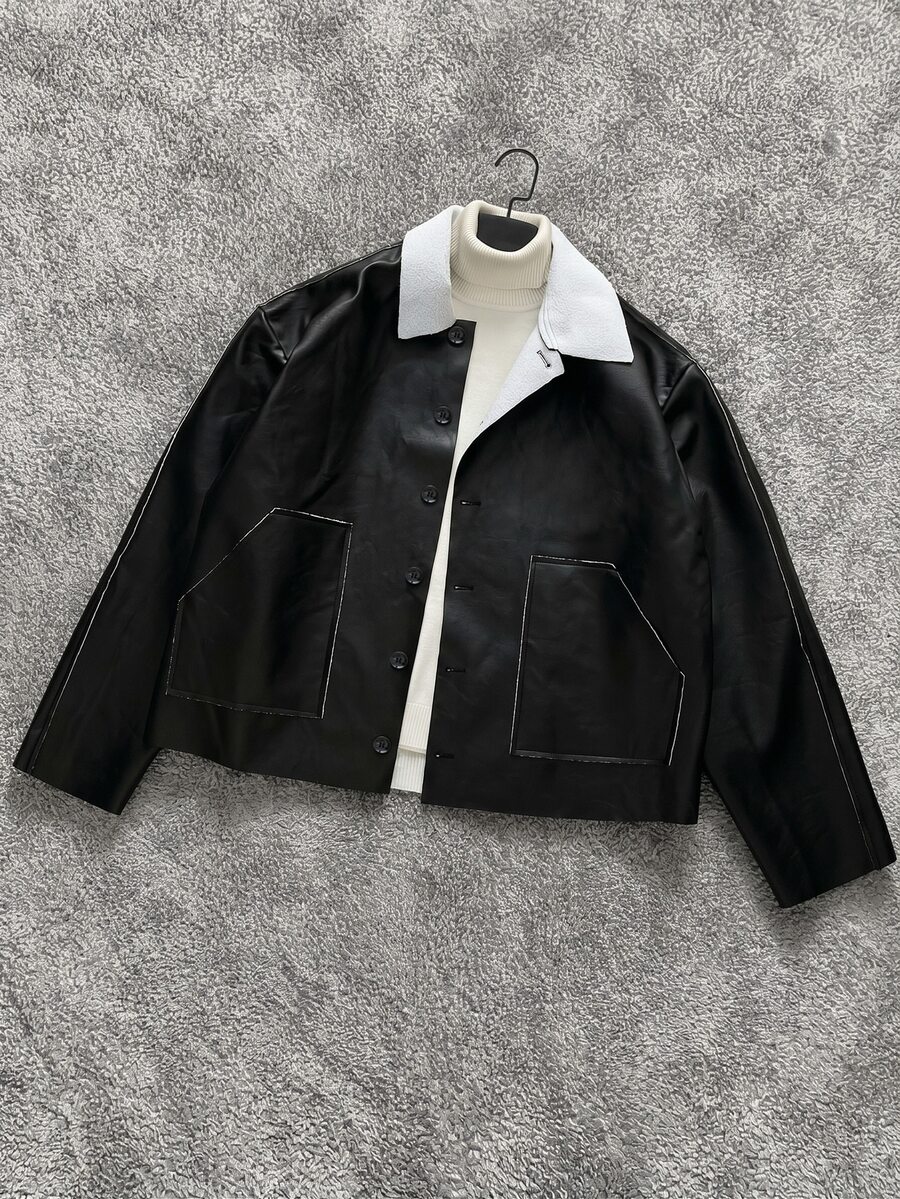 SLATEMANN Men Contrast Collar PU Leather Jacket - Black - View 1