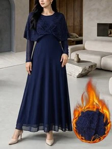 Graceveil Navy Blue Lace Twisted Shawl Style 2 In 1 Long Sleeve Evening Gown - Royal Blue - View 8