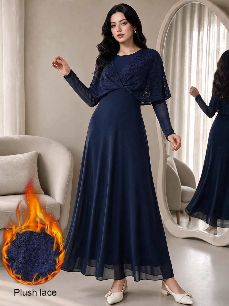 Graceveil Navy Blue Lace Twisted Shawl Style 2 In 1 Long Sleeve Evening Gown - Royal Blue - View 1