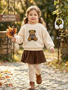 Little Girls Fashion Teddy Bear Fluffy Pullover Corduroy Pleated Skirt 2Pcs Warm Fall Outdoor Wear Autumn Winter - Apricot - View 3