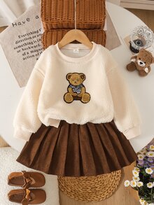 Little Girls Fashion Teddy Bear Fluffy Pullover Corduroy Pleated Skirt 2Pcs Warm Fall Outdoor Wear Autumn Winter - Apricot - View 7