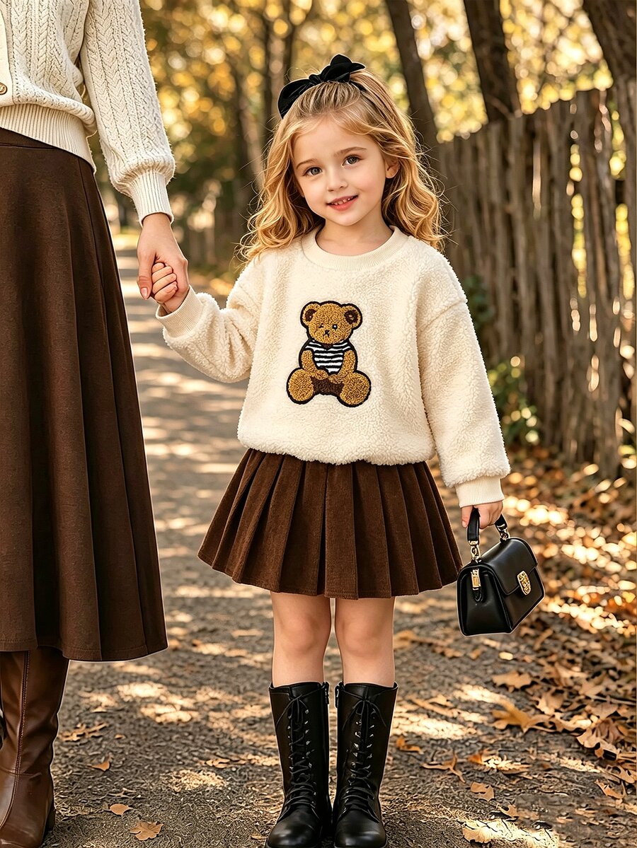 Little Girls Fashion Teddy Bear Fluffy Pullover Corduroy Pleated Skirt 2Pcs Warm Fall Outdoor Wear Autumn Winter - Apricot - View 1