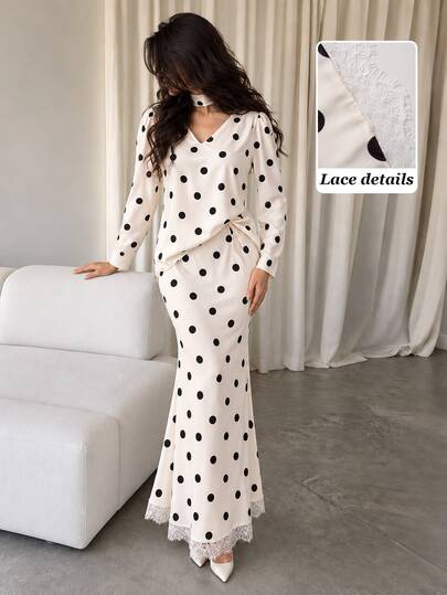 NOVVYNE Women's 2 Pieces Set, Elegant Polka Dot V-Neck Long Sleeve Top With Long Waist Belt Detail And Long Apricot Skirt, Suitable For Office, Party, Outing, Holiday, Autumn