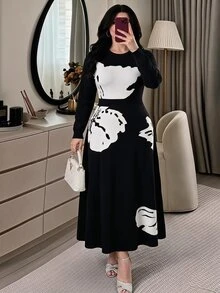 Modelyn Plus Size Casual Elegant Colorblock Knit Dress, Fall Party Office Formal Black - Multicolor - View 1