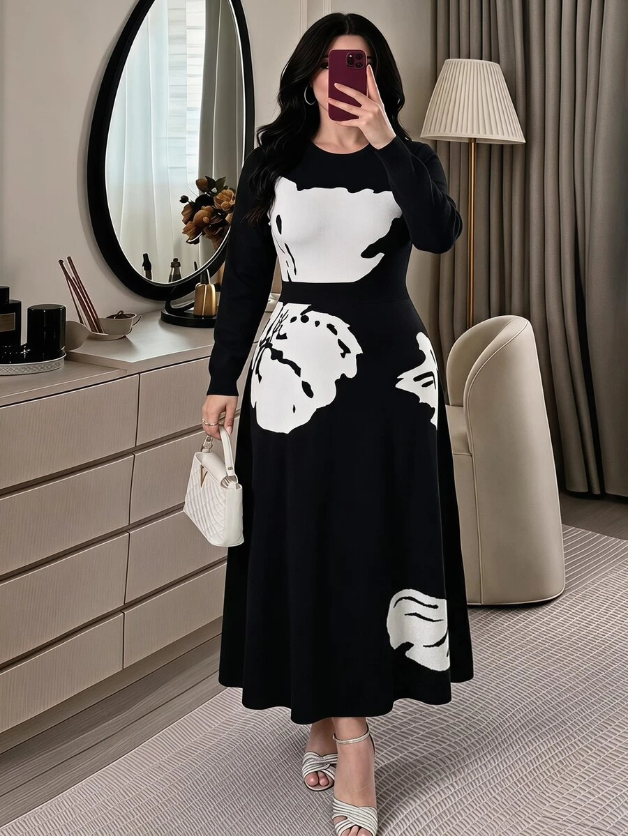 Modelyn Plus Size Casual Elegant Colorblock Knit Dress, Fall Party Office Formal Black - Multicolor - View 1