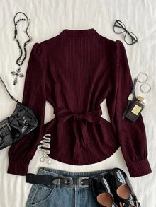 Attitoon Women's Striped Petal Sleeve Single-Breasted Casual Shirt - Burgundy - View 5