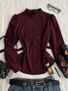 Attitoon Women's Striped Petal Sleeve Single-Breasted Casual Shirt - Burgundy - View 3