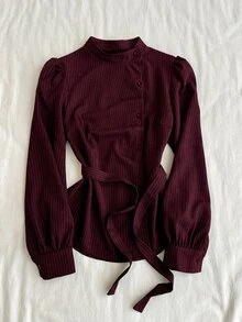 Attitoon Women's Striped Petal Sleeve Single-Breasted Casual Shirt - Burgundy - View 1