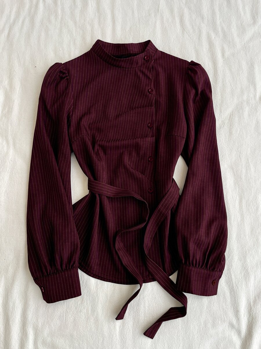 Attitoon Women's Striped Petal Sleeve Single-Breasted Casual Shirt - Burgundy - View 1