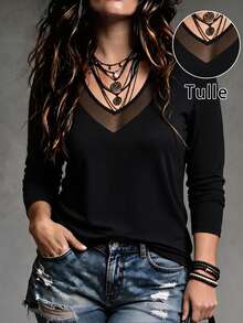 EMERY ROSE Plus Size Women's Sexy Mesh Patchwork V-Neck 3/4 Sleeve Top, Soft High Elastic Fabric, Slim Fit, Black Basic Style, Daily Commute Spring/Autumn Long Sleeve Base Layer T-Shirt - Black - View 1