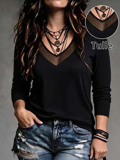 EMERY ROSE Plus Size Women's Sexy Mesh Patchwork V-Neck 3/4 Sleeve Top, Soft High Elastic Fabric, Slim Fit, Black Basic Style, Daily Commute Spring/Autumn Long Sleeve Base Layer T-Shirt