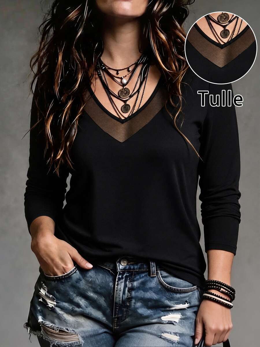EMERY ROSE Plus Size Women's Sexy Mesh Patchwork V-Neck 3/4 Sleeve Top, Soft High Elastic Fabric, Slim Fit, Black Basic Style, Daily Commute Spring/Autumn Long Sleeve Base Layer T-Shirt - Black - View 1
