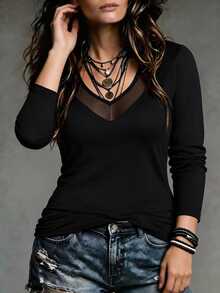 EMERY ROSE Plus Size Women's Sexy Mesh Patchwork V-Neck 3/4 Sleeve Top, Soft High Elastic Fabric, Slim Fit, Black Basic Style, Daily Commute Spring/Autumn Long Sleeve Base Layer T-Shirt - Black - View 5