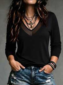 EMERY ROSE Plus Size Women's Sexy Mesh Patchwork V-Neck 3/4 Sleeve Top, Soft High Elastic Fabric, Slim Fit, Black Basic Style, Daily Commute Spring/Autumn Long Sleeve Base Layer T-Shirt - Black - View 4