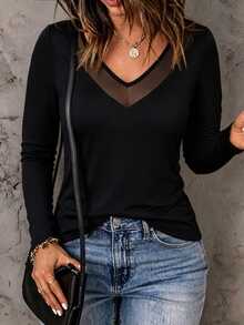 EMERY ROSE Plus Size Women's Sexy Mesh Patchwork V-Neck 3/4 Sleeve Top, Soft High Elastic Fabric, Slim Fit, Black Basic Style, Daily Commute Spring/Autumn Long Sleeve Base Layer T-Shirt - Black - View 7
