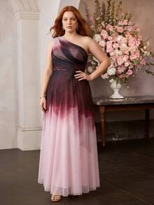 MOTF PREMIUM SPRING/SUMMER WOMEN'S ONE-SHOULDER PINK GRADIENT PLUS SIZE FORMAL DRESS - Multicolor - View 4
