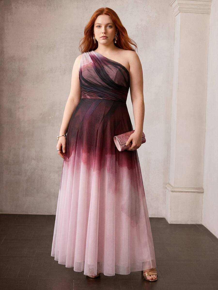 MOTF PREMIUM SPRING/SUMMER WOMEN'S ONE-SHOULDER PINK GRADIENT PLUS SIZE FORMAL DRESS - Multicolor - View 2