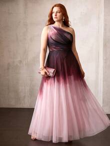 MOTF PREMIUM SPRING/SUMMER WOMEN'S ONE-SHOULDER PINK GRADIENT PLUS SIZE FORMAL DRESS - Multicolor - View 6