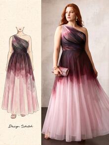 MOTF PREMIUM SPRING/SUMMER WOMEN'S ONE-SHOULDER PINK GRADIENT PLUS SIZE FORMAL DRESS - Multicolor - View 1