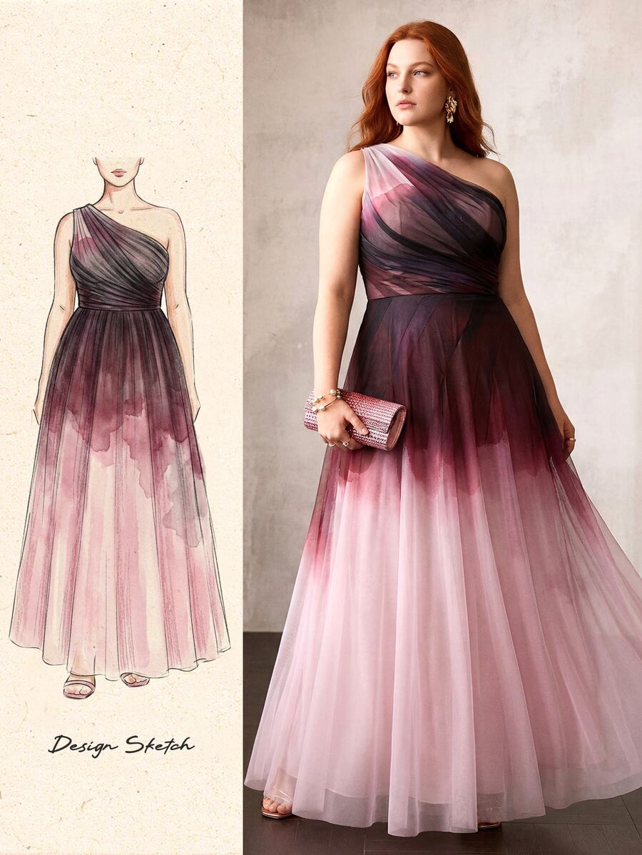 MOTF PREMIUM SPRING/SUMMER WOMEN'S ONE-SHOULDER PINK GRADIENT PLUS SIZE FORMAL DRESS - Multicolor - View 1