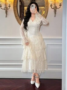 Feyla Women's Lace Patchwork Casual Party Dress - Apricot - View 4