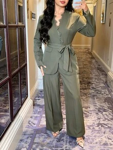Feyla Fashionable Ladies' Green Blazer And Trousers Set With Deep V Neckline And Wide Cut Pants Perfect For Office Wear - Green - View 3