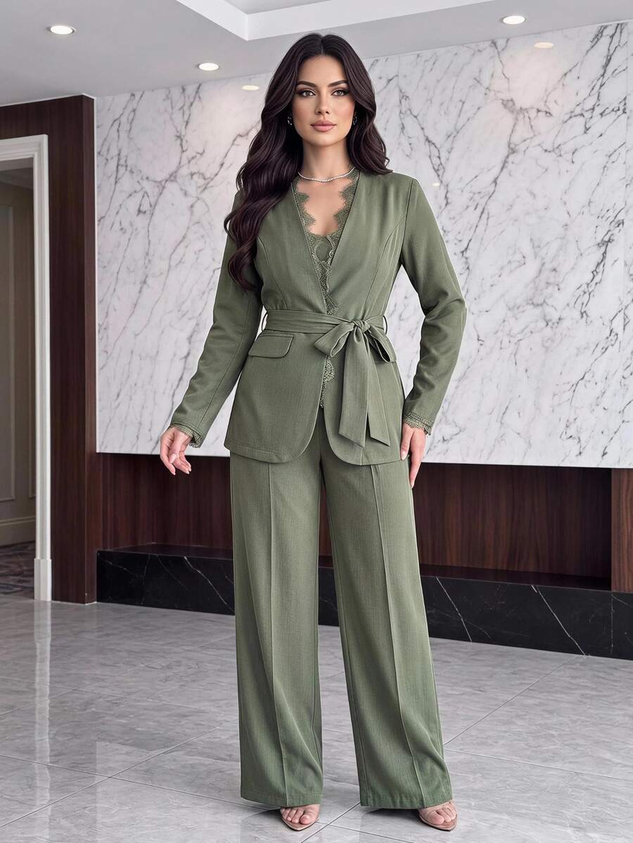 Feyla Fashionable Ladies' Green Blazer And Trousers Set With Deep V Neckline And Wide Cut Pants Perfect For Office Wear - Green - View 1