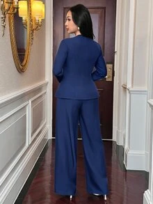Feyla Women's Metal Butterfly Decor Long Sleeve Shirt And Pants Elegant 2 Pieces Set - Royal Blue - View 2