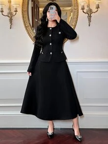 Feyla Elegant Women's Black Two Pieces Outfit With Round Neck Jacket And Skirt Formal Business Attire - Black - View 5