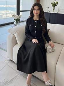 Feyla Elegant Women's Black Two Pieces Outfit With Round Neck Jacket And Skirt Formal Business Attire - Black - View 1