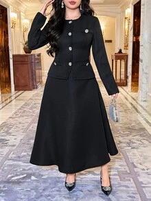 Feyla Elegant Women's Black Two Pieces Outfit With Round Neck Jacket And Skirt Formal Business Attire - Black - View 4