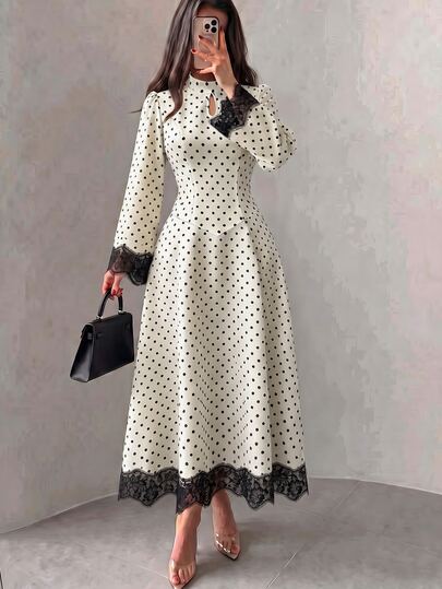 Modelyn Vestido Feminino Vintage Francês Doce com Poá, Acabamento em Renda, Gola Alta, Cintura Marcada e Saia Plissada Volumosa